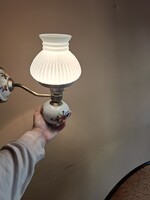 Lüszter, réz, porcelán falikar, eredeti búrával, szélesség 25cm, magasság 28cm