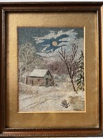 Antik Vintage szomorkás romantikus téli gobelin teliholdas tájkép házikóval keretben 1920-as évek