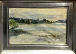 Nagy Emerencia (1921-1978) Balaton - Képcsarnokos akvarell festmény üvegezett keretben