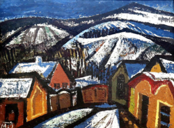 Mustó János (1934–2012): Havas táj olaj-farost Képcsarnokos festmény, Impresszív keretben