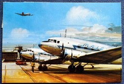 Liszonov LI-2 (1946-1963) szovjet utasszállító repülő MALÉV flottában, Ferihegy  -grafikus  képeslap