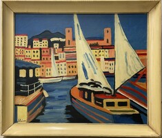 Schéner Mihály (1923-2009): Mediterrán kikötő, olaj-farost 50x60cm
