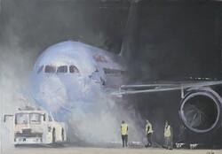 'Mike' jelzéssel ellátott kortárs ipari tájkép, modern olaj festmény 70x100cm (reptér, repülő)