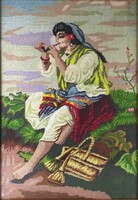 1Z669 Id. Vastagh György után : Pipára gyújtó cigánylány - régi nagyméretű gobelin 66 x 46 cm