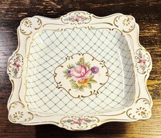Hollóházi virágmintás barokk tál, asztalközép 25 x 25 cm