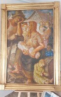 Hatalmas (Mágori?) több alakos életkép festmény 106x155 cm kerettel
