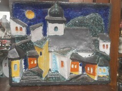Retro Csekovszky Árpád /CSEKÓ/ Szentendre Utcakép Kerámia Plasztikus Falidísz.27.5 x 33 cm.