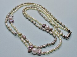 Szép antik dupla soros valódi kis rizsszem  gyöngy nyaklánc ezüst henger kapoccsal