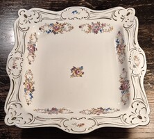 Hollóházi virágmintás barokk tál, asztalközép 29,5 x 29,5 cm