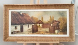 Mező Brigitta szép galériás tanyarészlet festménye  85x45 cm kerettel