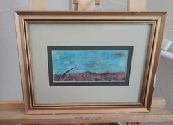 Szignózott tájkép festmény puszta gémeskúttal  34x27 cm kerettel