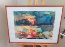 Juhász Erika színes tájkép festménye (1926-2018)  70x52 cm kerettel