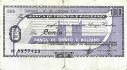 100 lira lire 1977 Bolzano Olaszország utazási csekk