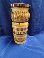 Retro mázas keramia csurgatott. Sárga alapszín, barna és zöld díszítéssel