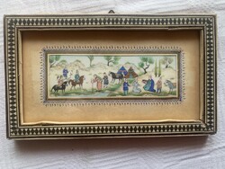 PERZSA MINIATÜR -csontra./TEVE/ festett intarziás Khatam -Kari keretben
