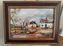 Csikós András (1947-2006) szép festménye  "Udvar" 73x55 cm kerettel