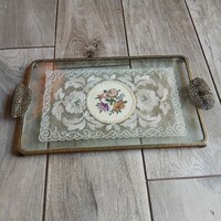 Pazar régi rézkeretes üveg tálca, csavarhiánnyal (36,8x19,5x1,3 cm)