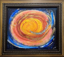 Prima díjas művésztől, A fény születése, aranyozott zománcozott vászon, 55x65cm. Károlyfi Zs (1952-)