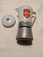 Klasszikus magyar kotyogó kávéfőző, 70-es évek, Budapest címerével,hollóházi porcelán kiöntővel