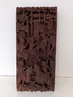 Antik buddhista dombormű sokalakos tánc lovas faragott fa szobor kép Buddha Thaiföld sérült 400 6632