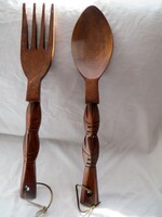 Régi vintage fali faragott fa kanál és villa  51 cm 1980-s évekből