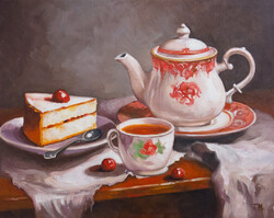 Délutáni csendélet eredeti olajfestmény vászonpanelen 30x24cm tea és süti
