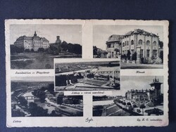 Régi képeslap - Győr - Mozaik képek Városi uszoda/Kioszk/Csónakház/Látkép/Püspökvár - Barasits 1938