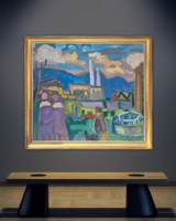 Cs. Németh Miklós 122x108 cm. Ritka, korai olajfestmény! "Egy gyári vasárnap" - nagyméretű kép