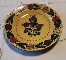 Régi Városlődi népi kerámia falitányér - 24 cm, jelzett (AA), ritka réteges mázzal!