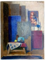 Piri Kálmán-Enteriőr kék petróleum lámpával Képcsarnok olajfestmény 80x60cm