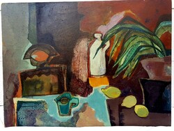 Izsák József - Csendélet szenes vasalóval 1969 Képcsarnok olajfestmény 80x60cm