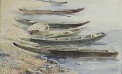 Takács jelzéssel magyar festő : Ladikok vízparton