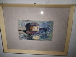 Geiszler József (1935-2011) - Dunai halászbárka - egyéni stílusú, eredeti olajfestmény, garanciával.