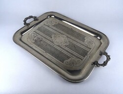 1Z609 Régi vésetekkel díszített jelzett Brunner & Co kétfülű acél tálca 59 x 38.5 cm