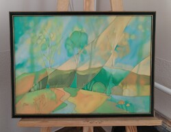  Kertész Eszter gyönyörű selyemre festett kép 53x39 cm kerettel üveg nélküli keretben