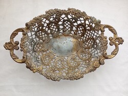 Fém gyümölcstál asztalközép kínálo áttört filigrán minta virágos motívumok és díszes fogantyúk régi