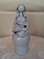 Bolbáné Szeles Magda - Lány galambbal terrakotta kisplasztika jelzett, hibátlan, 26 cm