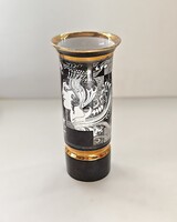 Szász Endre Hollóháza porcelán váza – ritka fekete-arany dekor, 20 cm