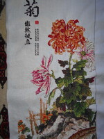 Kínai selyemszál hímzés  és festett 80 X 36 kézimunka- madár, és virág motívum