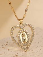 Szűz Mária Szív Medál Nyaklánc 18K Aranyozott Nemes Acél 5A Cirkónia Ékszerdoboz Új!