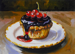 Muffin süti sütemény csendélet eredeti olajfestmény vászonpanelen 18x13cm
