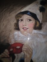Diósi Sándor (1900-1949) : Art-deco hölgy, Colombine. 1920as évek, gyönyörű festmény, garanciával.