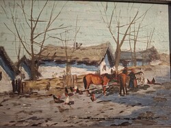 EREDETI NÉMETH GYÖRGY : PARASZT UDVAR LOVAKKAL BAROMFIVAL