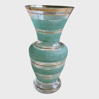 Vintage türkiz fátyolüveg váza arany csíkozással 16cm