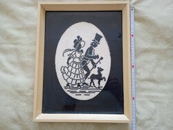 Gobelin 36,5x28,5x4cm tűgobelin kép rokokó árnyékkép Sétáló pár kutyával