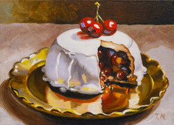 Mini süti csendélet eredeti olajfestmény vászonpanelen 18x13cm