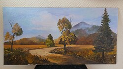 Szabó László, út a hegy felé 90x45cm tájkép- olajfestmény . Kisautó, játék csere is érdekel
