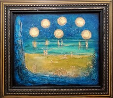 Prima díjas művésztől, Változások kora 65x75 cm, zománcos vászonkép, 20ct.gold.Károlyfi Zsófia(1952)