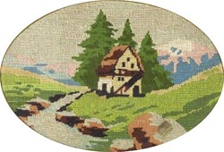 1Z657 Keretezett ovális tájkép tűgobelin kézimunka 27.5 x 21.5 cm