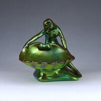 1Z727 Eozin mázas Zsolnay porcelán névjegykártyatartó kagylót tartó nő 12 cm